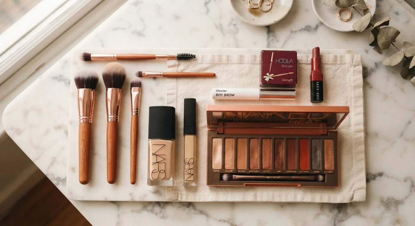 Assorted makeup brushes and products arranged on a white marble surface in natural light