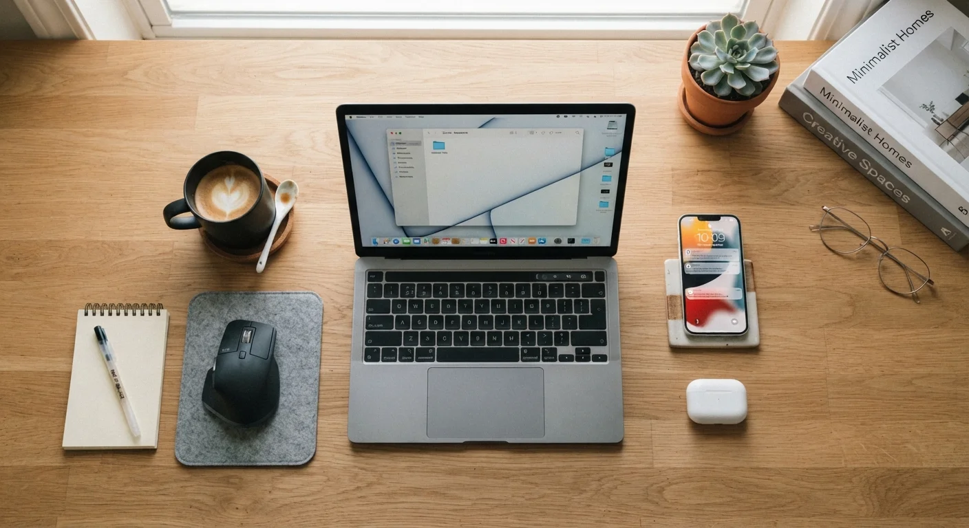 Flat-lay of consumer electronics including smartphone, wireless earbuds, and laptop on a wooden desk
