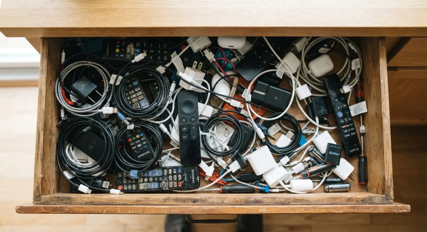 Cluttered kitchen drawer packed with assorted cables, chargers, remotes, and small electronics