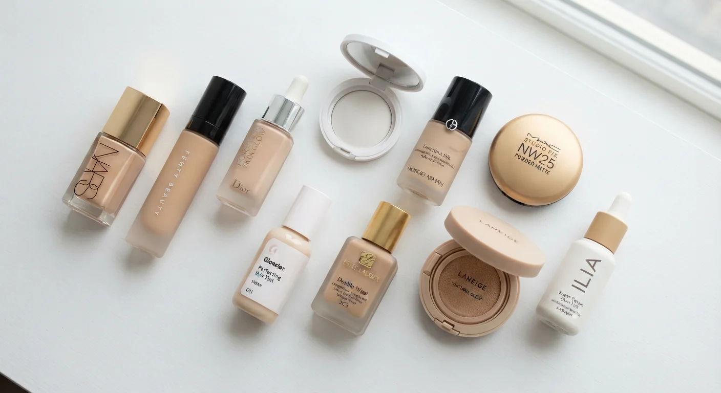 Assorted foundation products arranged neatly on a white surface in natural light