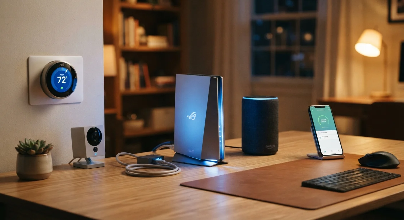 A home router surrounded by smart home devices including a security camera and smart speaker