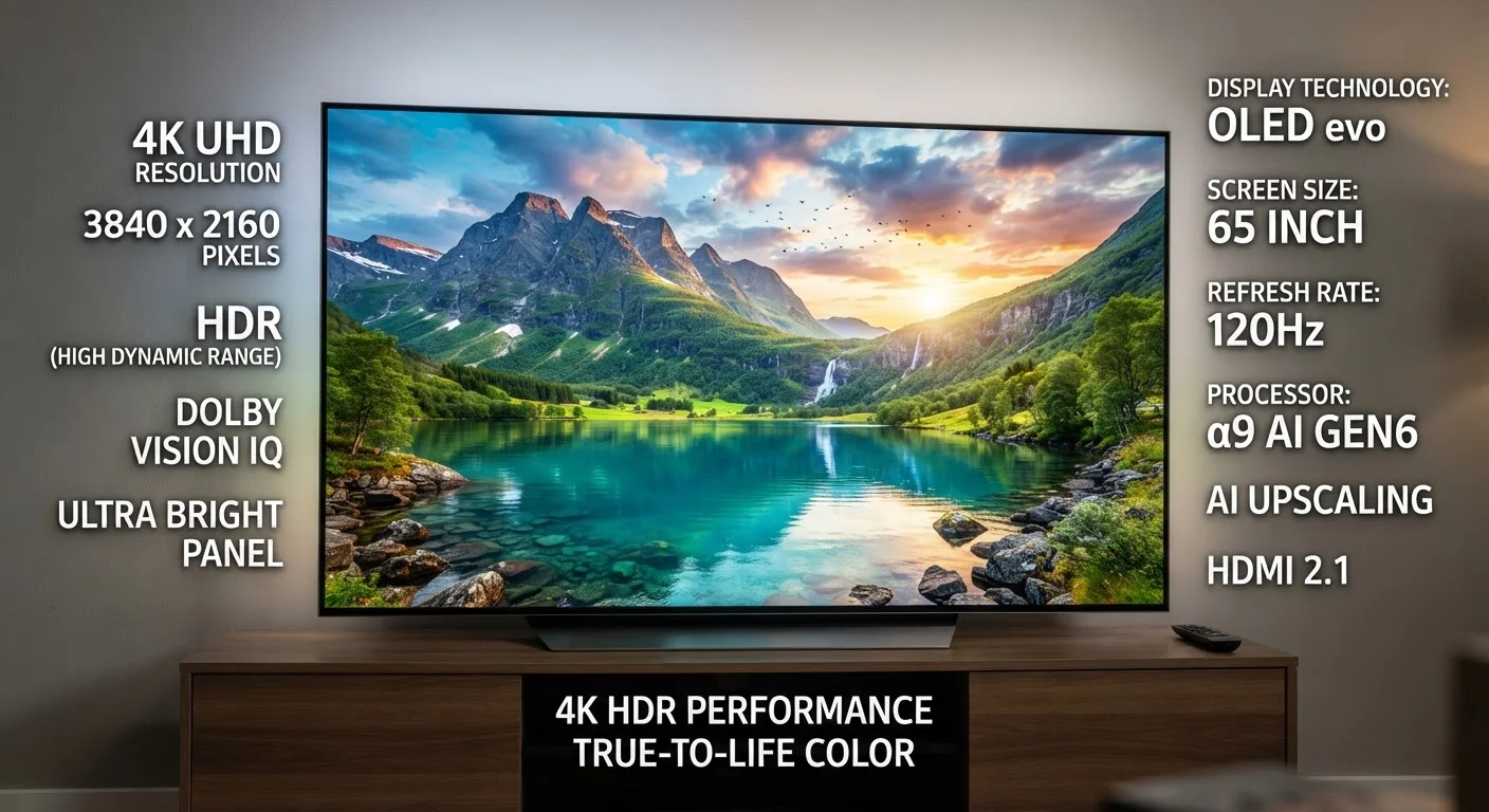 Large 4K television displaying a vivid nature scene with resolution spec labels overlaid