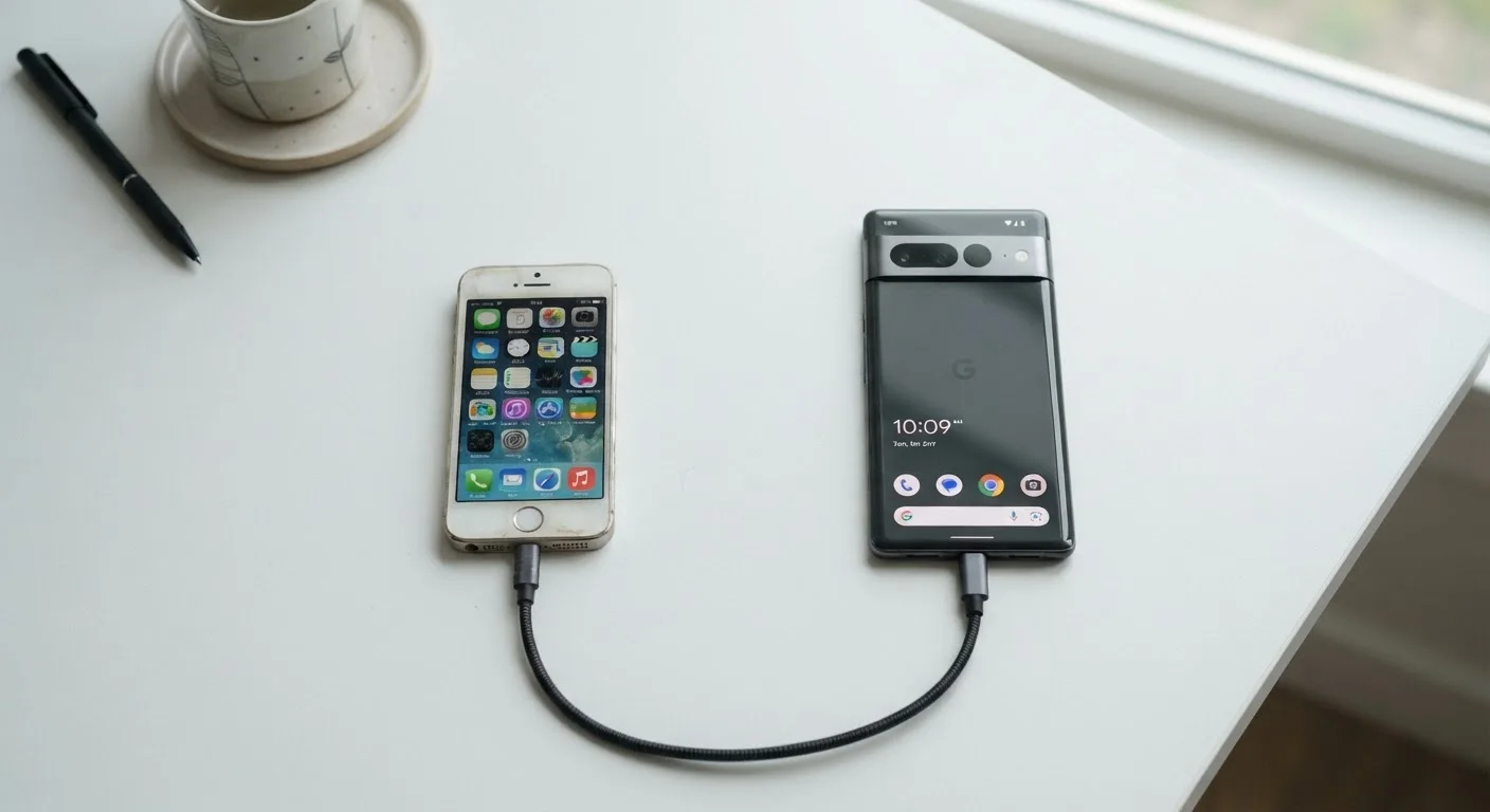 A new smartphone and old smartphone side by side on a desk connected by a cable