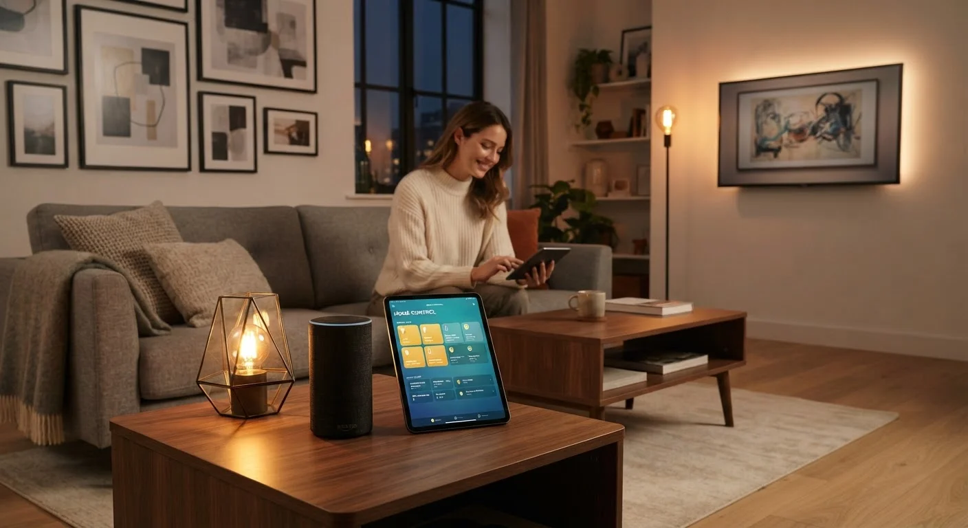 A modern living room featuring smart speakers, colored smart bulbs, and a home control app on a tablet